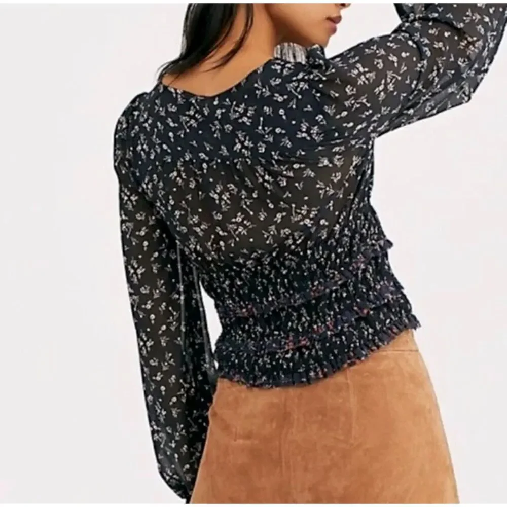 EUC Free People Lolita Floral Peasant Top Black Long Sleeve Boho Blouse Sz Small